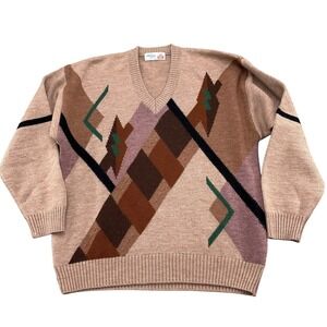 Monte Carlo Sweater Men Large Brown Purple Rust Diamond Pure Wool Argyle‎ VTG